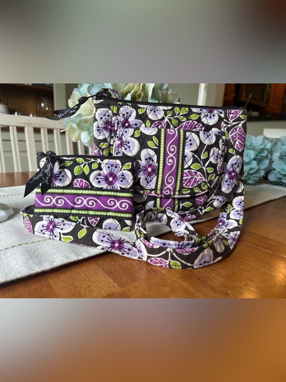 Vera Bradley Plum Petals Lizzie Crossbody Bag and Coin/ID card Set